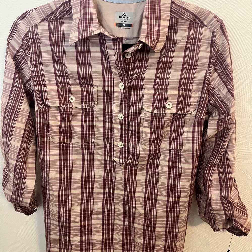 Women's Plaid Button Down Shirt - Burgundy and White